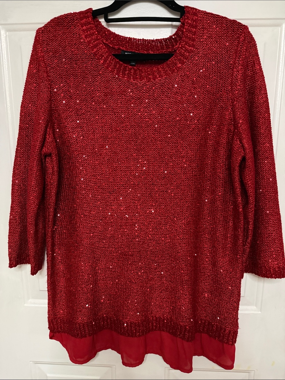 Notations Women’s Large Red Sequin Knit Sweater with flowing fabric hem 30” L